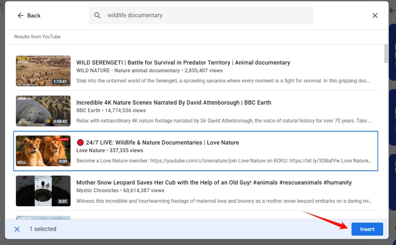 How to Add YouTube Video to Google Slides - Select and Insert