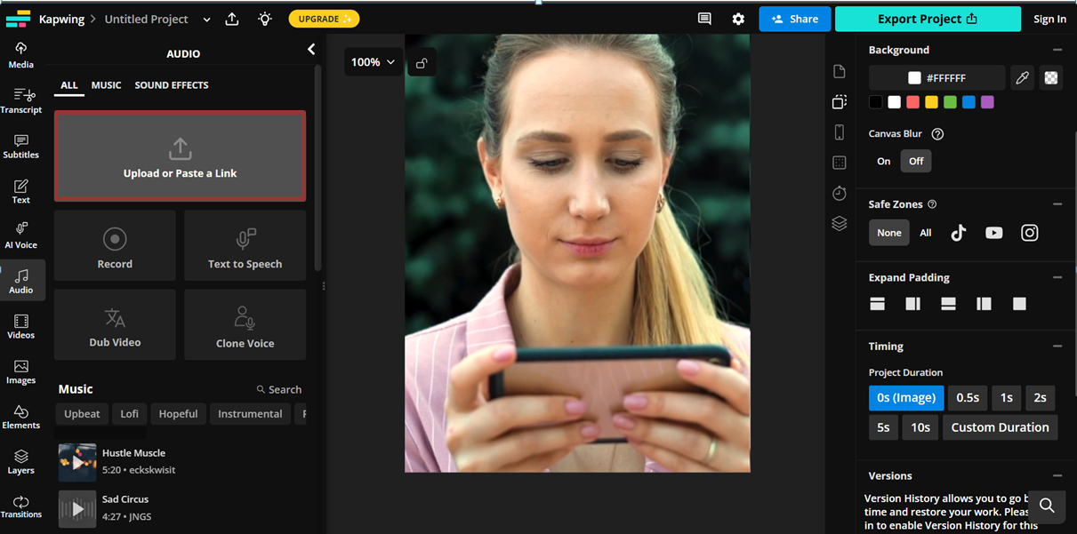 Click On the Audio Option in Kapwing