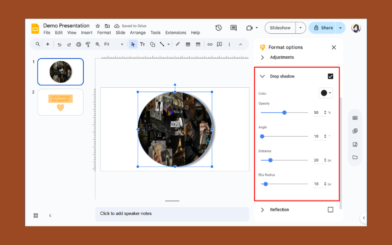 Drop Shadow Option in Google Slides