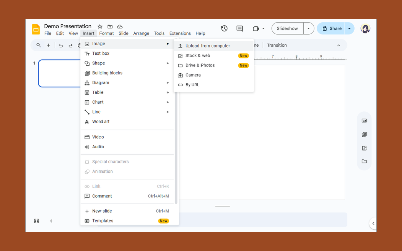 Insert Your Image into Google Slides Step 1