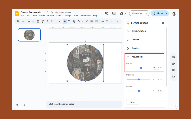 Opacity Slider Under Adjustments in Google Slides