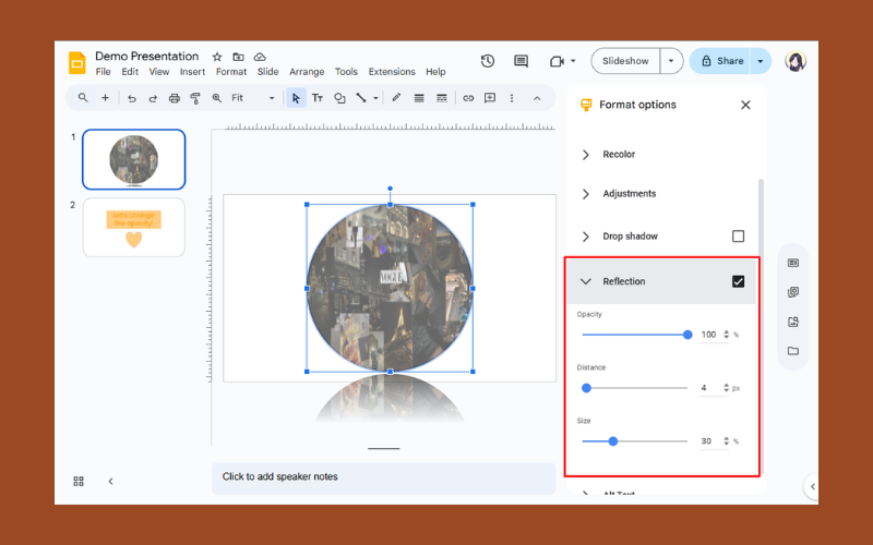 Reflection Option in Google Slides