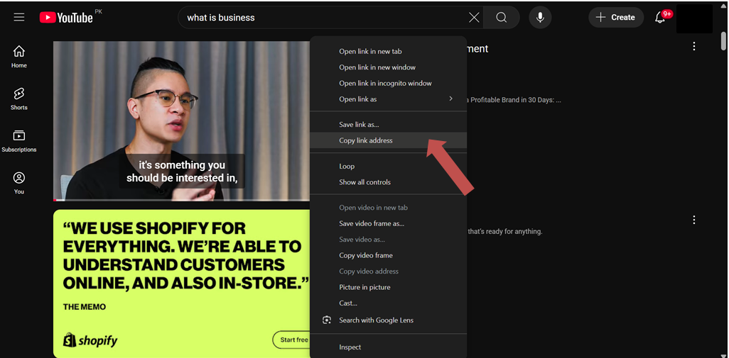 Right Click the Video and Copy its URL