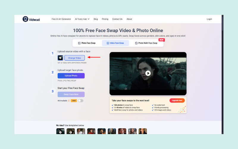 Vidwud Free Face Swap AI Upload Source Video