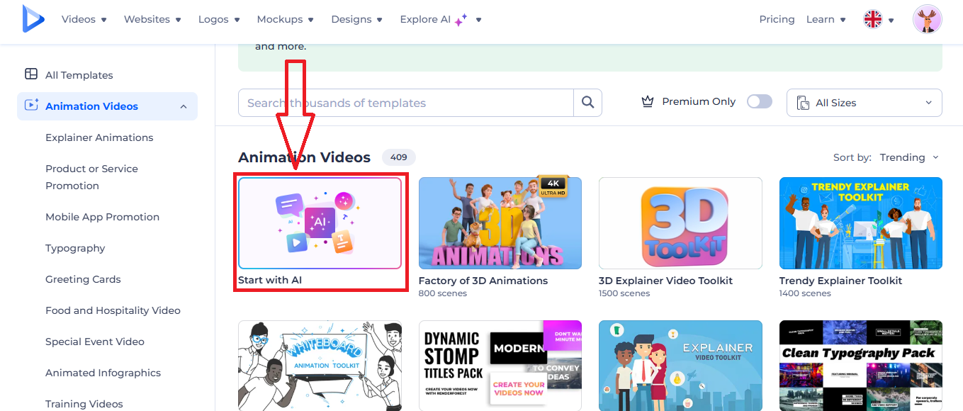 Click “Start with AI” Template