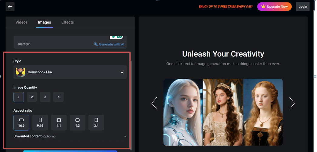 Select the Style, Quantity, and Aspect Ratio of the Image