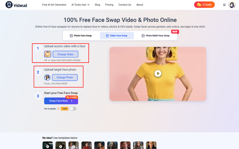 Vidwud AI SpongeBob Video Face Swap Photo Upload Screen
