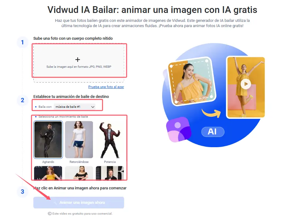 Cómo animar una imagen con Vidwud IA Bailar-paso 3