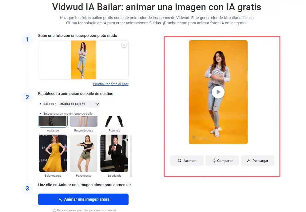 Cómo animar una imagen con Vidwud IA Bailar-paso 4