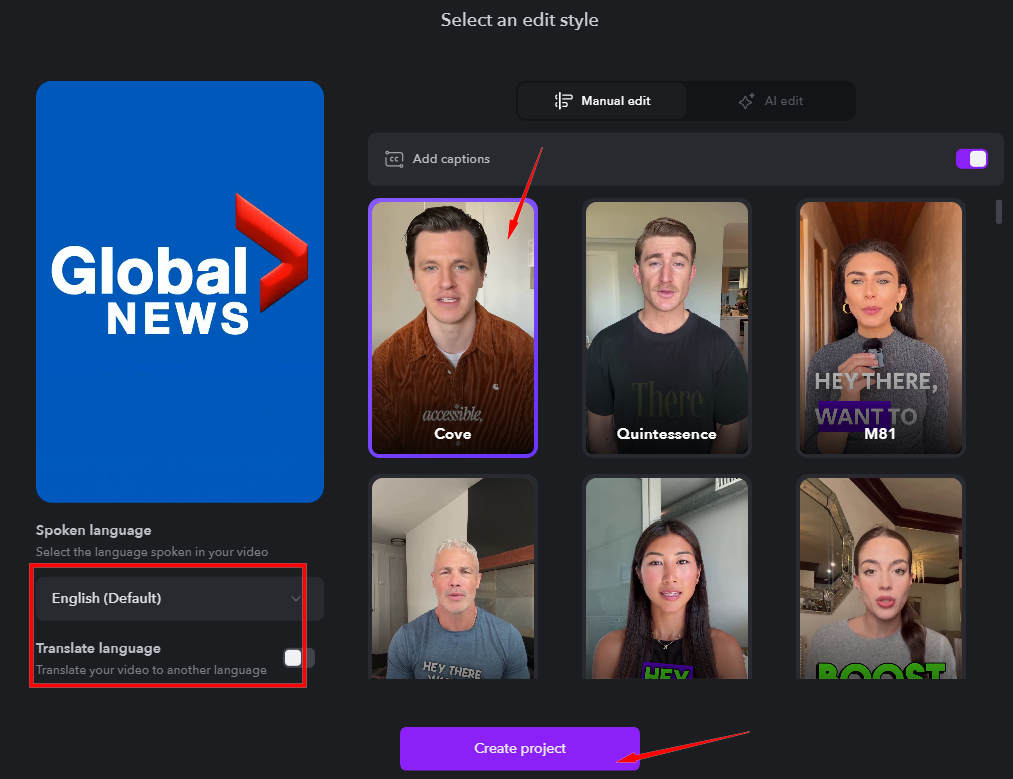 Captions AI Eye Contact Settings