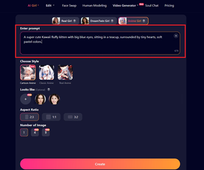 Entering Prompt in SoulGen AI for Kawaii Art