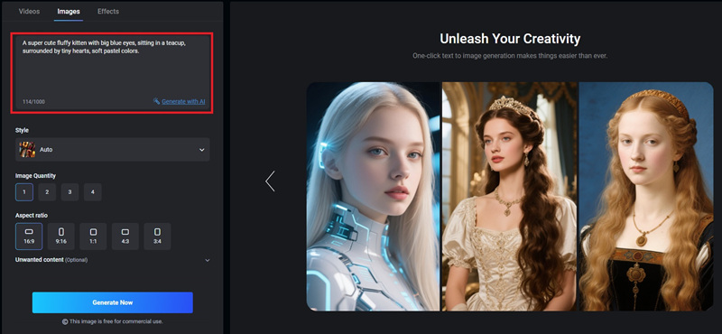 Typing Prompt for Kawaii AI Image in Vidwud AI Image Generator