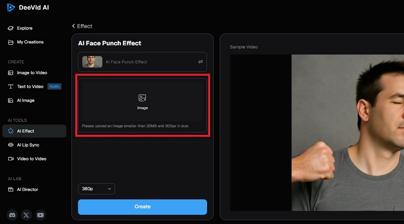 Uploading Image in DeeVid AI for AI Face Punch Video