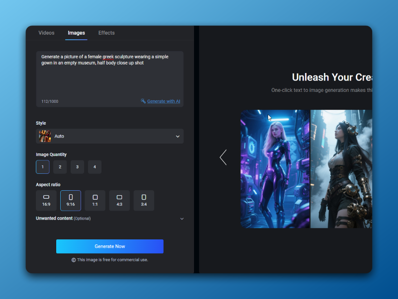 Vidwud AI Statue Prompt Entry And Style Selection