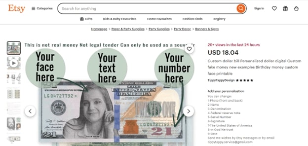 Etsy Listing Showing Custom Printed Prank Currency