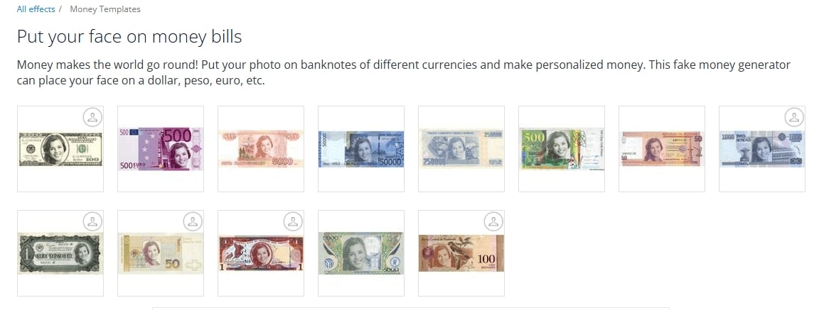 Funnyphoto Page Showing Global Currency Templates