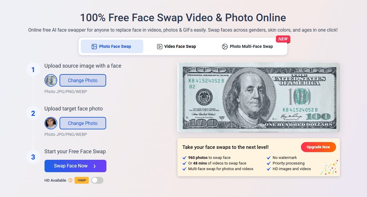 Upload Photo to Vidwud to Put Face on Dolloar Bills