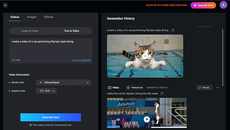 AI Cat Diving Text to Video