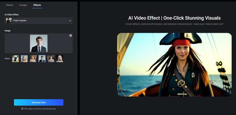 Generate Pirate Captain Video with Vidwud AI Video Effects