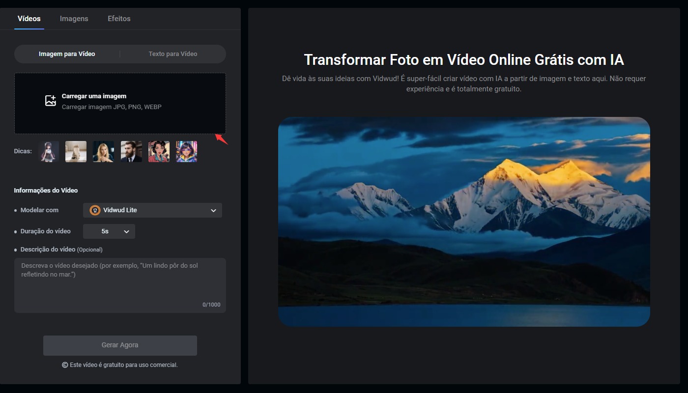 Carregar uma Imagem Vidwud -  IA Criar Videos a Partir de Fotos